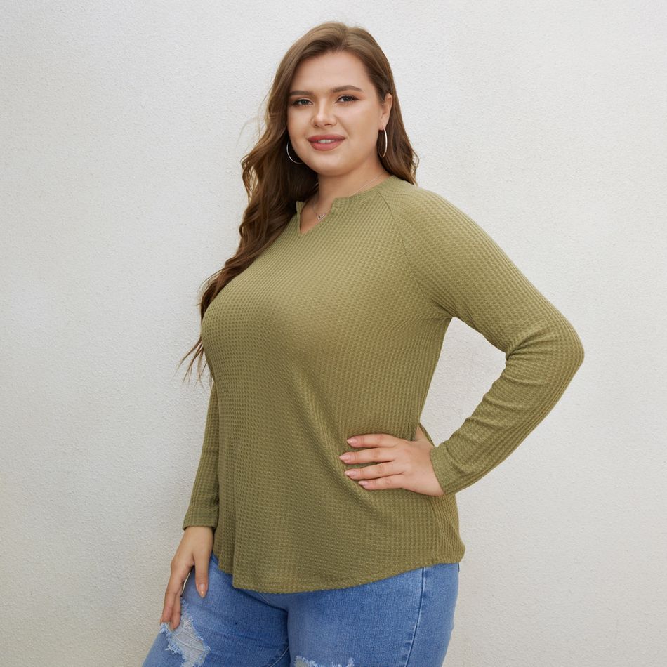 Women Plus Size Casual V Neck Long-sleeve Ribbed Knitwear Dark Green big image 3