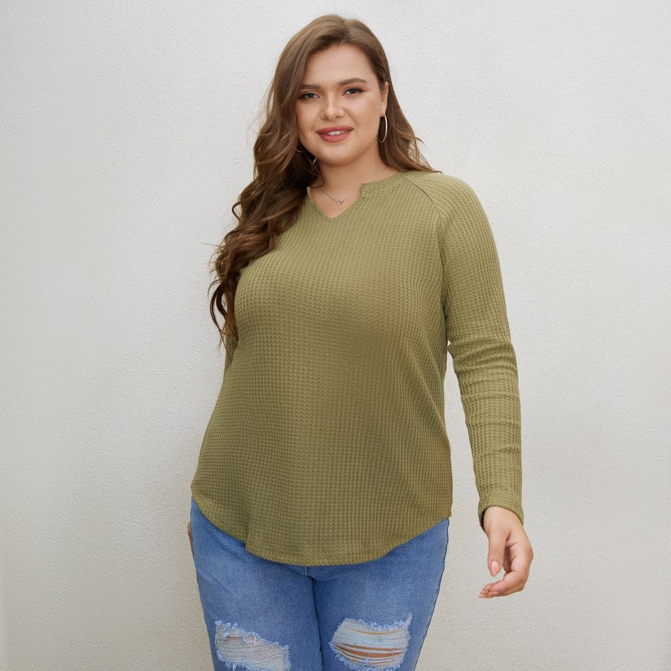 Women Plus Size Casual V Neck Long-sleeve Ribbed Knitwear Dark Green big image 5