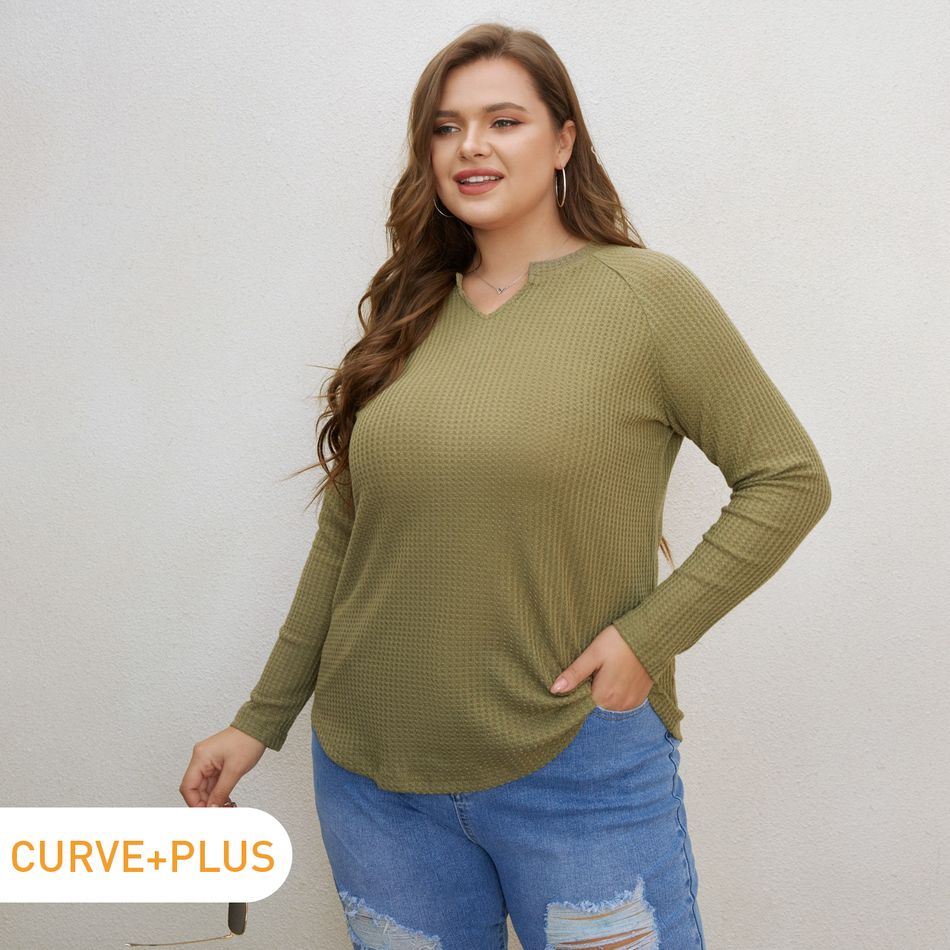 Women Plus Size Casual V Neck Long-sleeve Ribbed Knitwear Dark Green big image 1