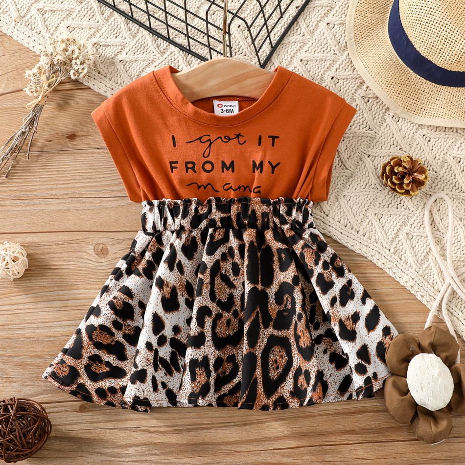 Baby Girl 95% Cotton Sleeveless Faux-two Letter Print Splicing Leopard Dress Ginger