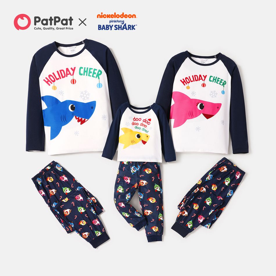 Baby Shark Family Matching Christmas Big Graphic Top and Allover Pants Pajamas Sets Dark Blue/white
