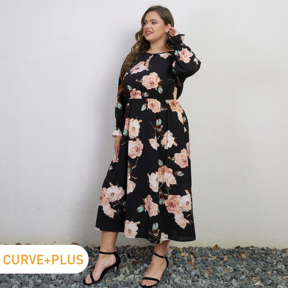 Women Plus Size Vacation Floral Print Round-collar Long-sleeve Dress Black