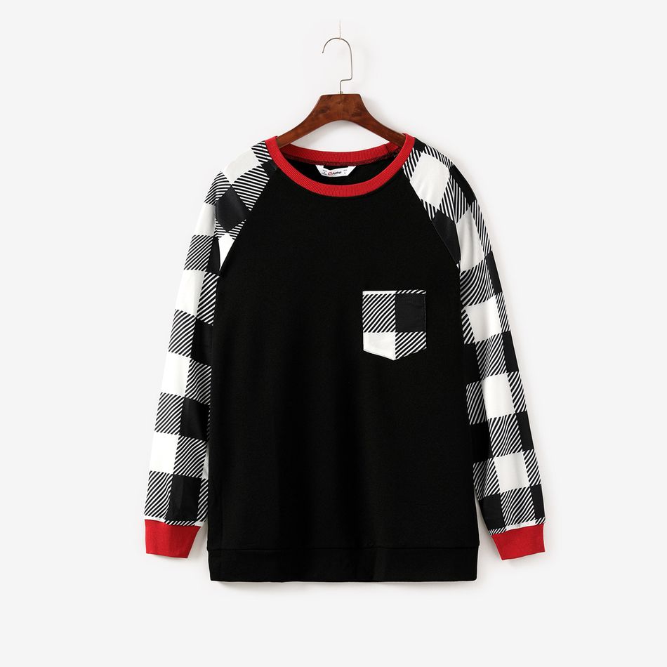 Family Matching Black Plaid Long-sleeve Dresses and Raglan-sleeve Splicing Sweatshirts Sets Black/White big image 5