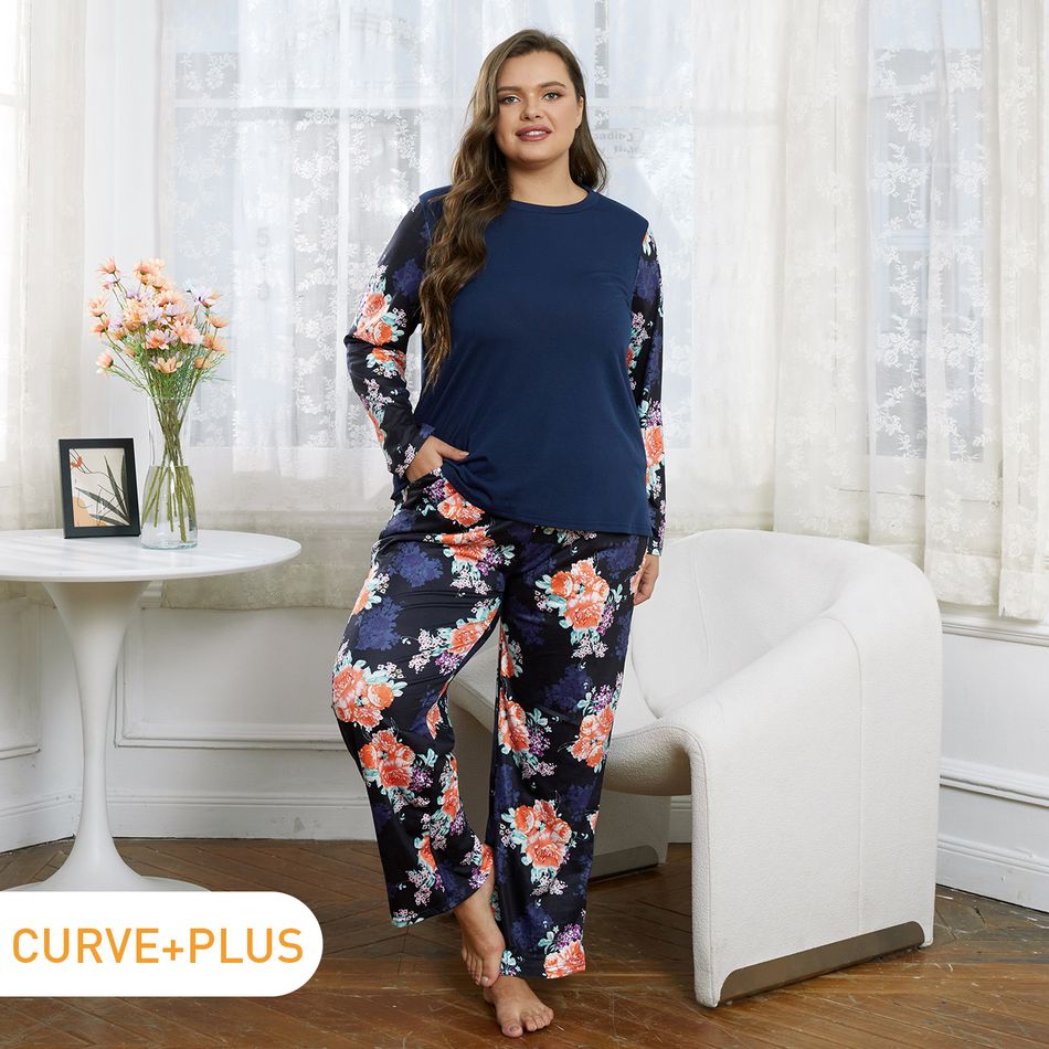 2-piece Women Plus Size Casual Floral Print Long-sleeve Tee and Pants Pajamas Lounge Set Royal Blue