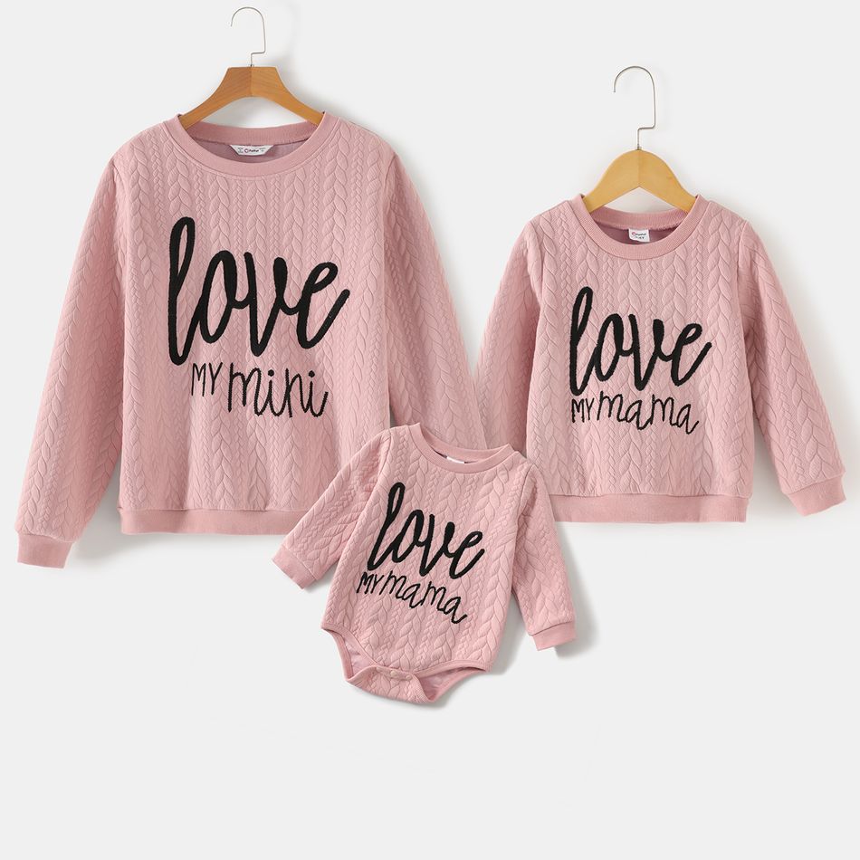 Mother's Day Letter Embroidered Pink Textured Long-sleeve Pullover for Mom and Me Pink