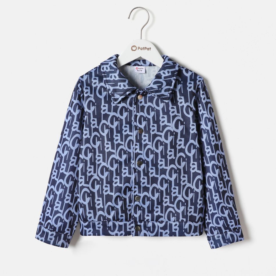 Kid Boy Fleece Lined Lapel Collar Button Design Allover Print  Jacket Blue