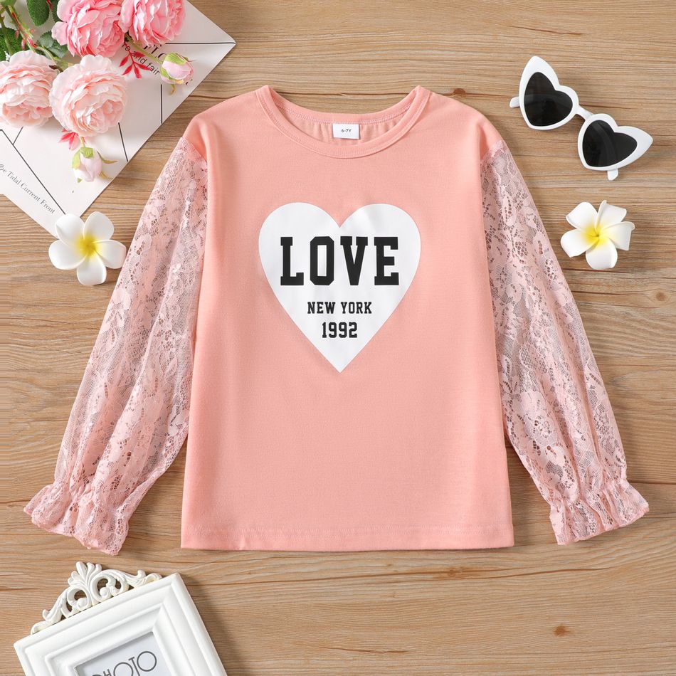 Kid Girl Letter Number Heart Print Lace Design Long-sleeve Tee Light Pink