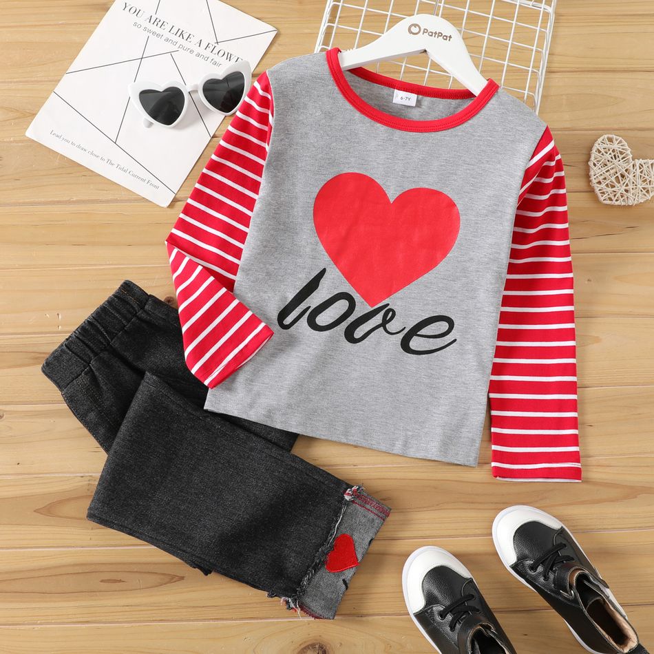 2-piece Kid Girl Letter Heart Print Striped Long-sleeve Tee and Denim Jeans Set Grey