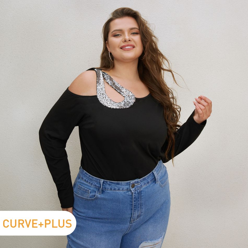 Women Plus Size Elegant Sequined Cold Shoulder Long-sleeve Tee Black