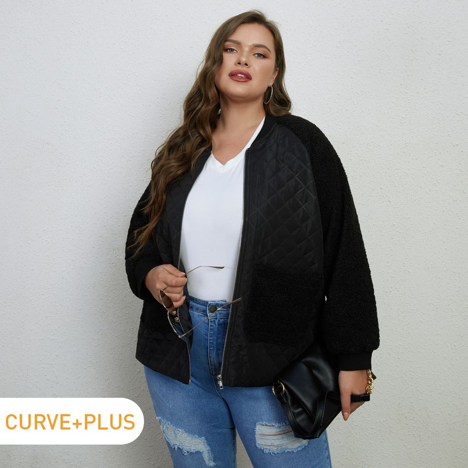 Women Plus Size Casual Textured Fuzzy Splice Zipper Bomber Jacket Black