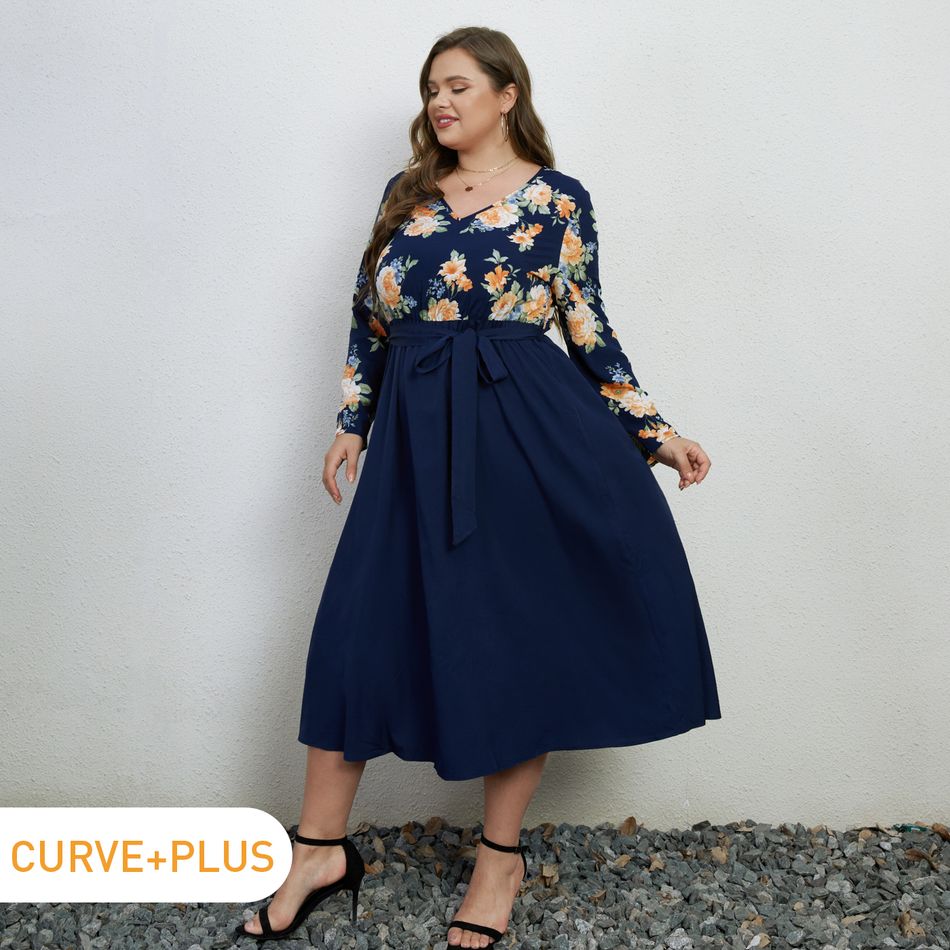 Women Plus Size Vacation Floral Print V Neck Belted Long-sleeve Dress Royal Blue