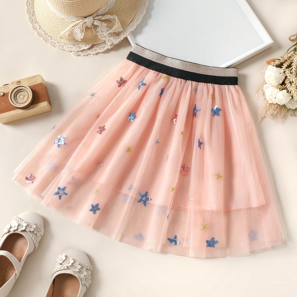 Kid Girl Stars Sequin Design Elasticized Mesh Skirt Pink