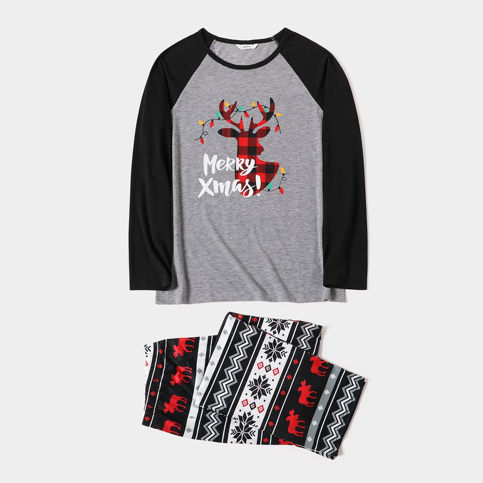 Christmas Reindeer and Letter Print Family Matching Black Raglan Long-sleeve Pajamas Sets (Flame Resistant) Color block big image 2