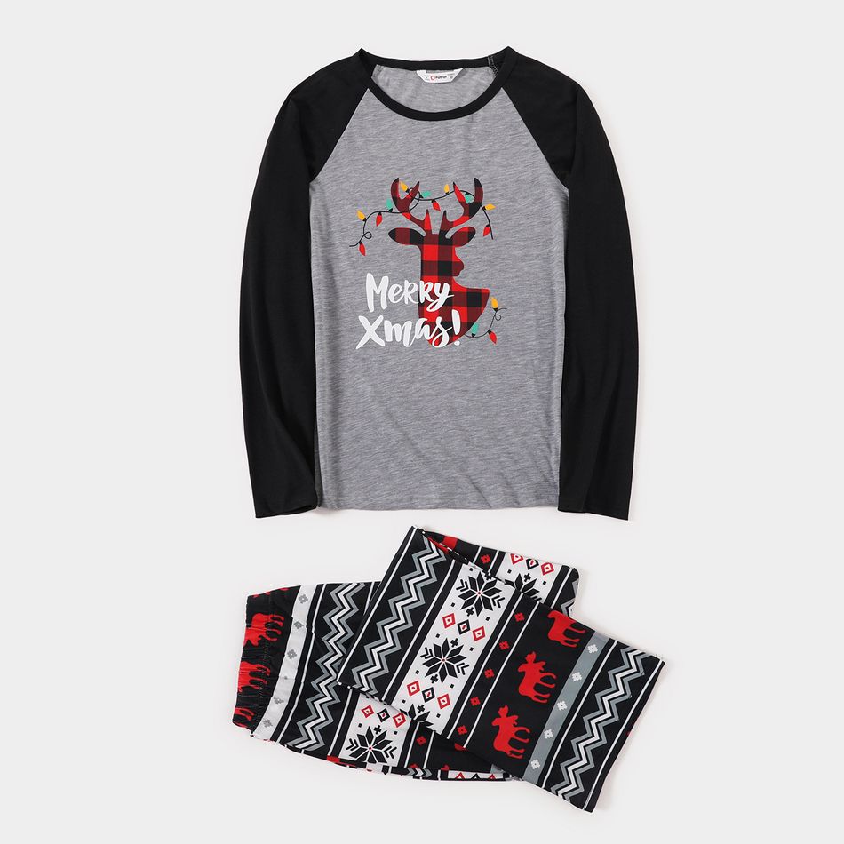 Christmas Reindeer and Letter Print Family Matching Black Raglan Long-sleeve Pajamas Sets (Flame Resistant) Color block big image 5