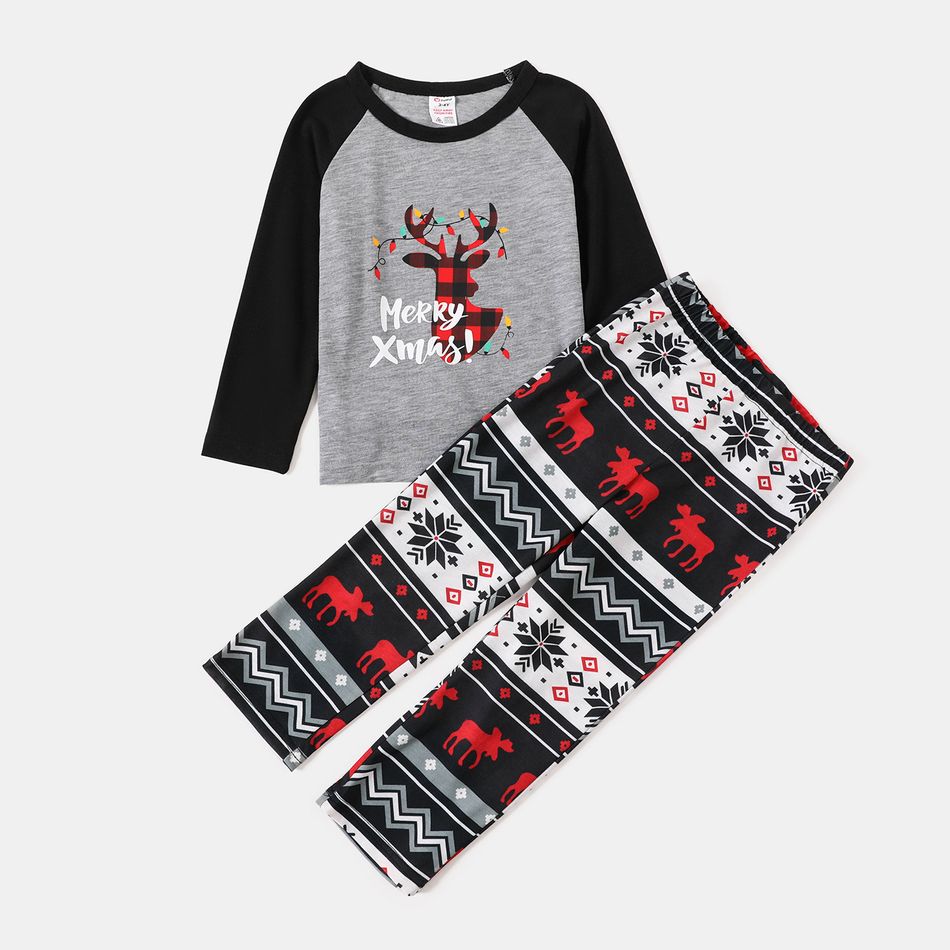 Christmas Reindeer and Letter Print Family Matching Black Raglan Long-sleeve Pajamas Sets (Flame Resistant) Color block big image 7