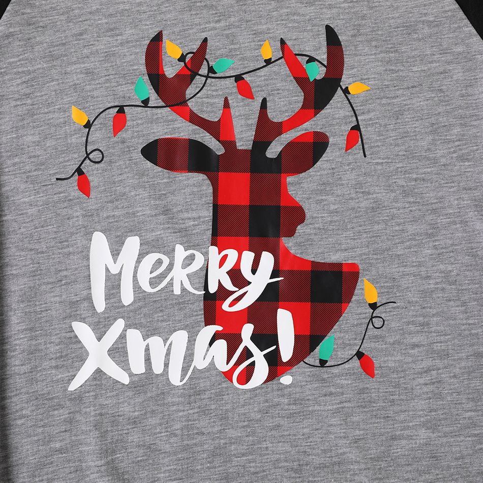 Christmas Reindeer and Letter Print Family Matching Black Raglan Long-sleeve Pajamas Sets (Flame Resistant) Color block big image 3