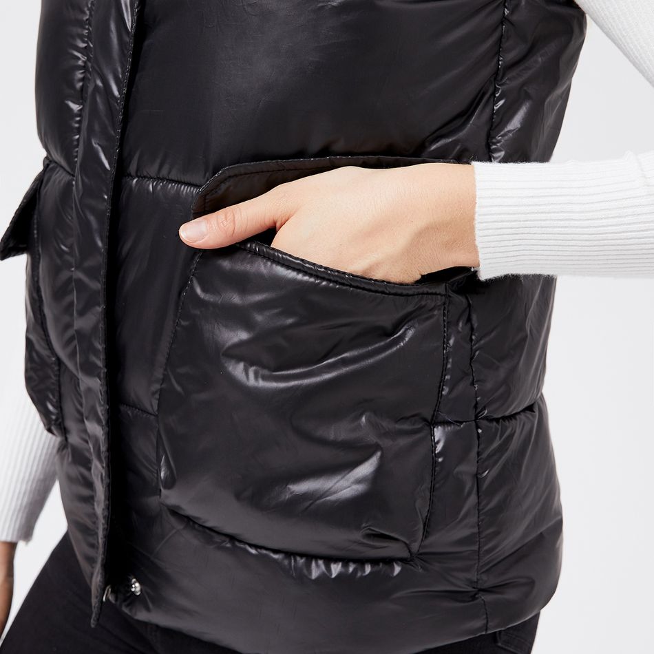 casaco de colete puffer sem mangas com bolso duplo com zíper em cores puras Preto big image 7