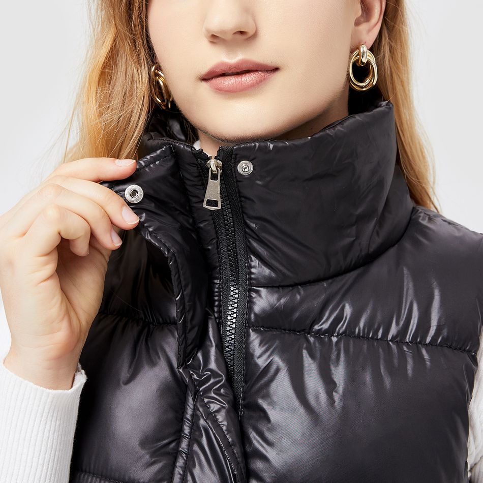 casaco de colete puffer sem mangas com bolso duplo com zíper em cores puras Preto big image 8