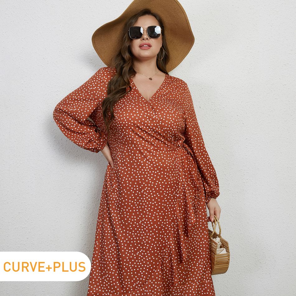 Women Plus Size Elegant Polka dots Surplice Neck Tie Side Long-sleeve Ruffled Wrap Dress Ginger