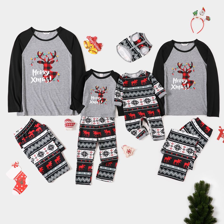 Christmas Reindeer and Letter Print Family Matching Black Raglan Long-sleeve Pajamas Sets (Flame Resistant) Color block big image 1