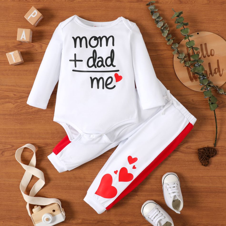 2pcs Baby Girl Letter and Love Heart Print Long-sleeve Romper with Trousers Set White big image 1