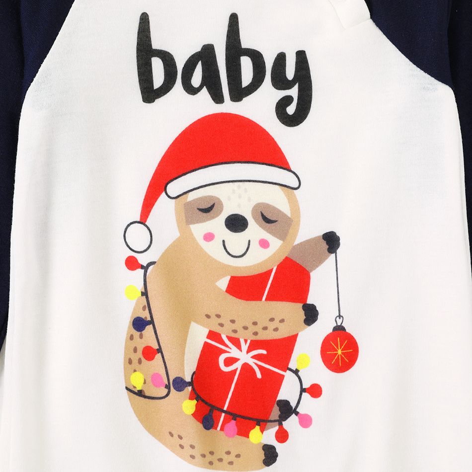 Christmas Sloth and Letters Print Family Matching Long-sleeve Pajamas Sets (Flame Resistant) Dark blue/White/Red big image 9