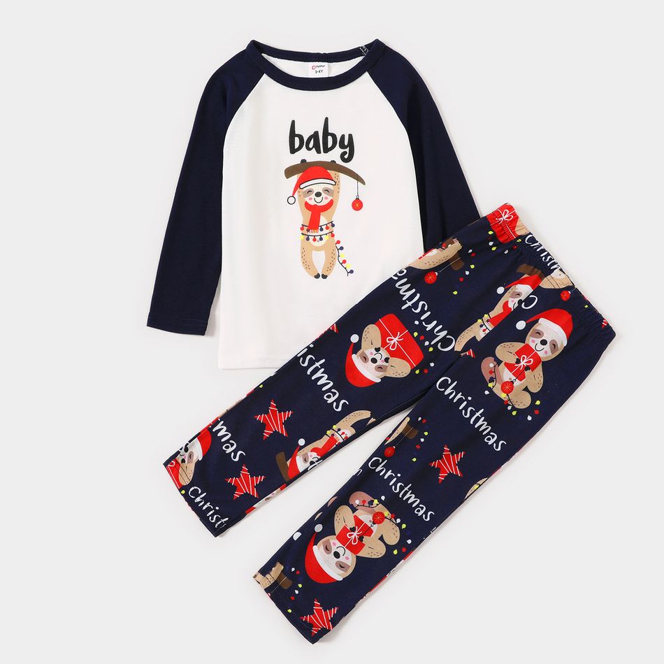 Christmas Sloth and Letters Print Family Matching Long-sleeve Pajamas Sets (Flame Resistant) Dark blue/White/Red big image 8