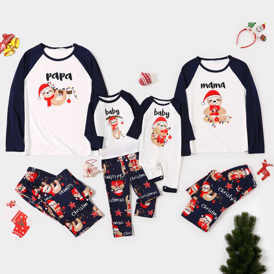 Christmas Sloth and Letters Print Family Matching Long-sleeve Pajamas Sets (Flame Resistant) Dark blue/White/Red