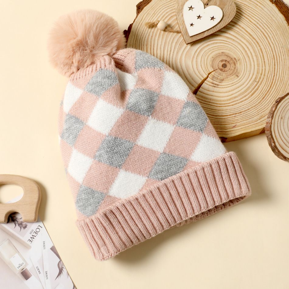 Baby Plaid Gingham Fur Pompom Knit Beanie Hat Pink