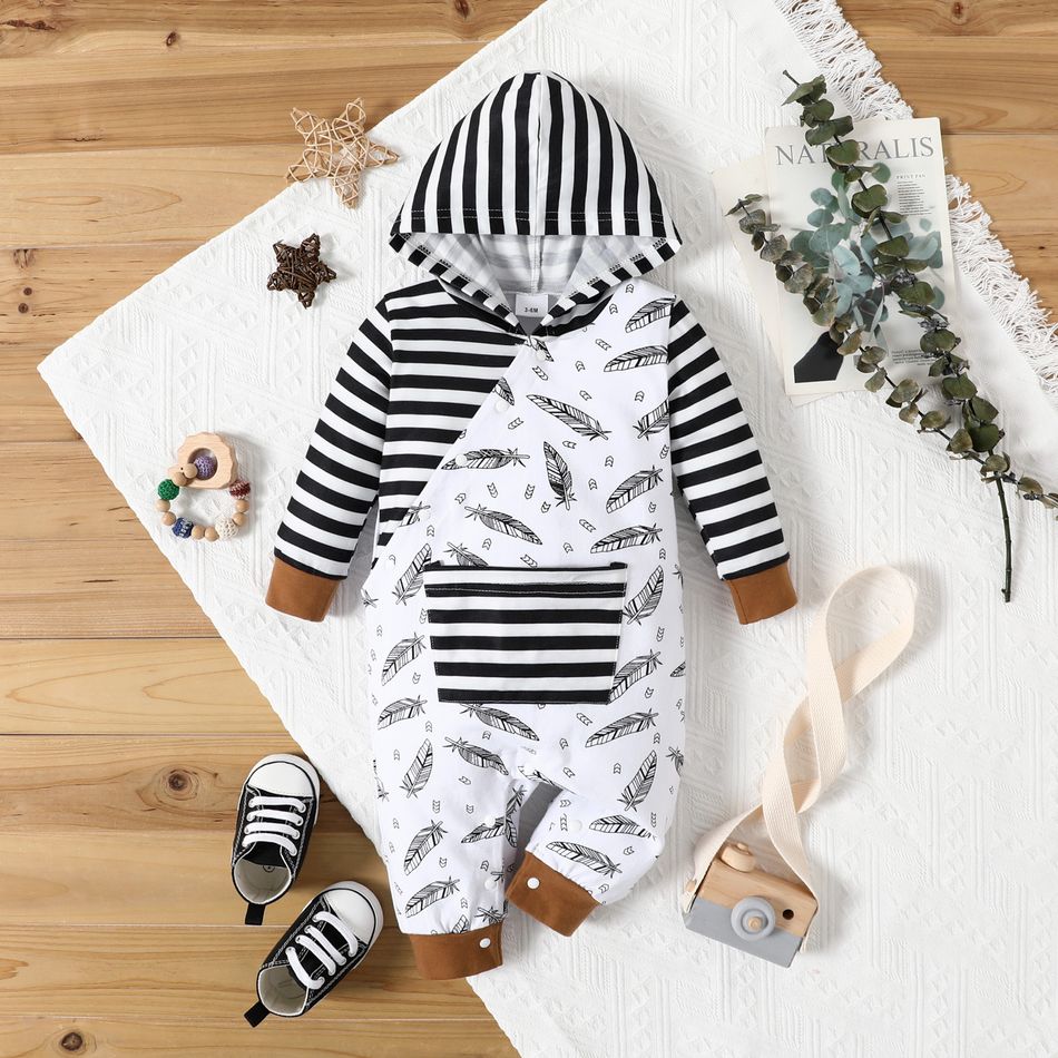 Baby Boy/Girl All Over Feather Print Splicing Striped Long-sleeve Hooded Jumpsuit White