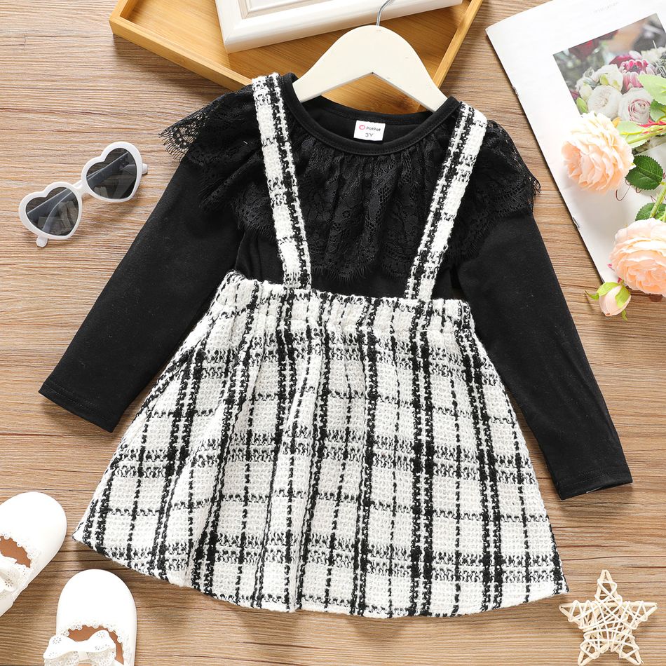 2-piece Toddler Girl Lace Design Long-sleeve Black Tee and Plaid Tweed Suspender Skirt Set Black