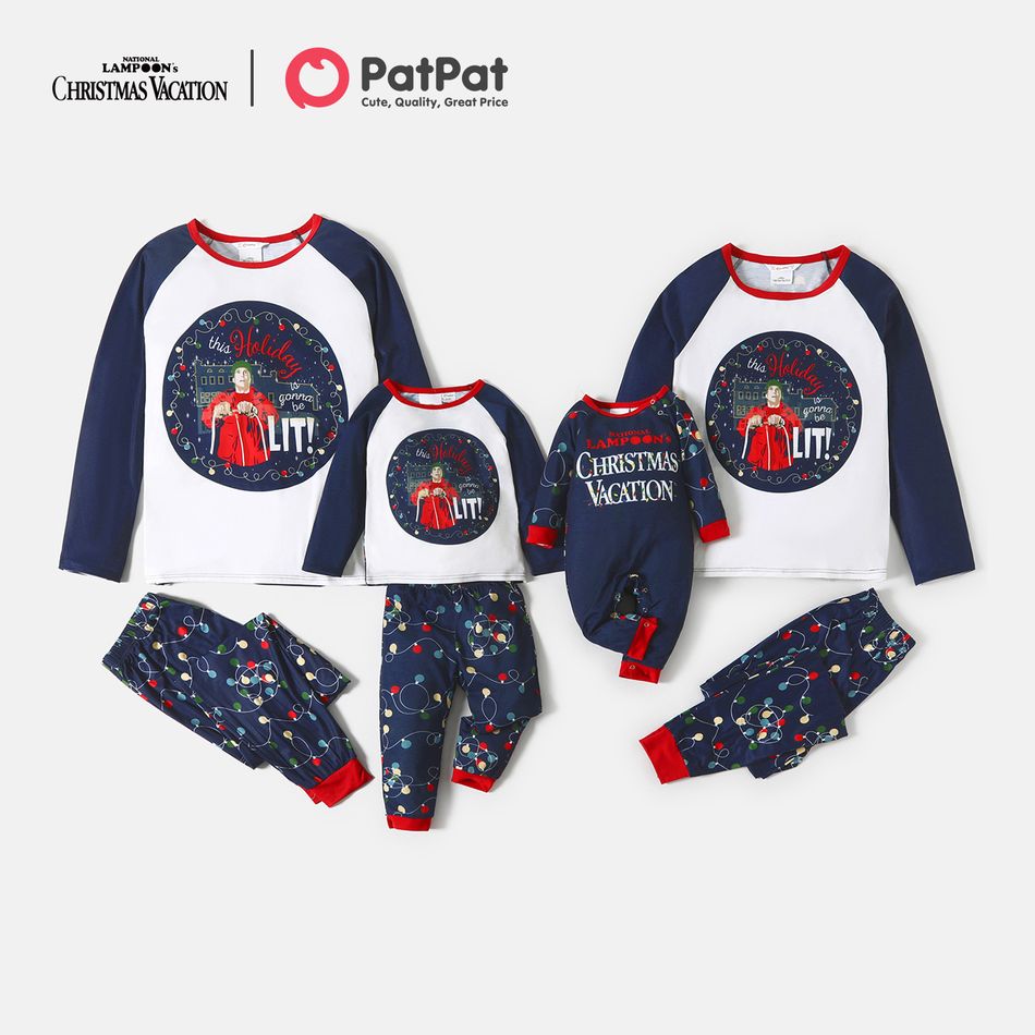 Christmas Vacation Family Matching Christmas Holiday Colorblock Top and Allover Pants Pajamas Sets Dark Blue/white