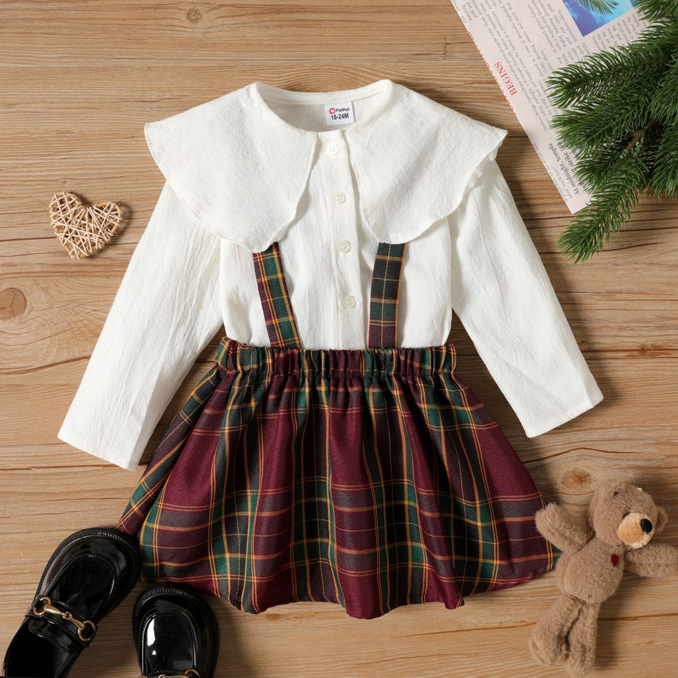 2-piece Toddler Statement Collar Button Design Long-sleeve White Top and Plaid Suspender Skirt Set Burgundy