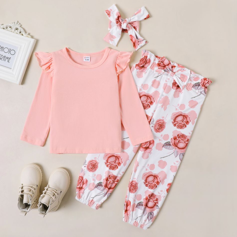3-Pack Toddler Girl Graphic Floral Print Ruffle Long-sleeve Tee Pants Set Pink