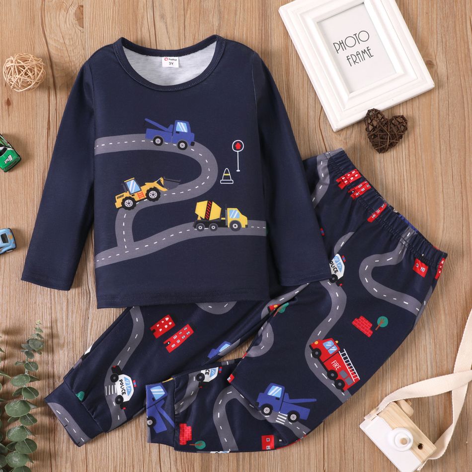 2-piece Toddler Boy Vehicle Road Print Dark Blue Long-sleeve Top and Pants Casual Set Blue