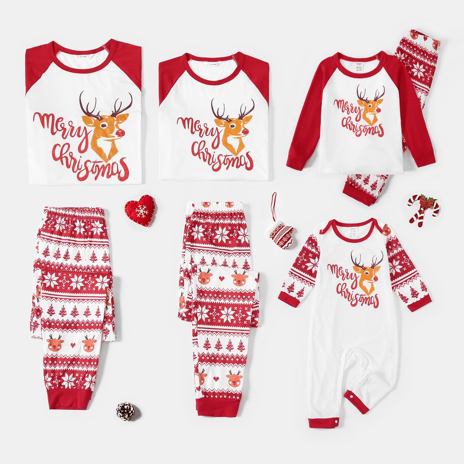 Christmas Reindeer and Letter Print Red Family Matching Raglan Long-sleeve Pajamas Sets (Flame Resistant) Red/White