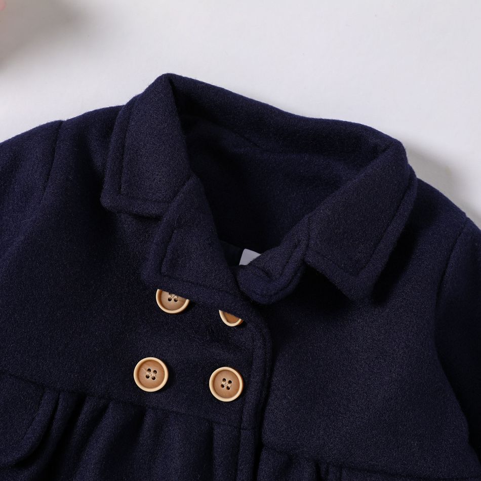 Baby Girl Solid Lapel Double Breasted Long-sleeve Coat Outwear Dark Blue big image 3
