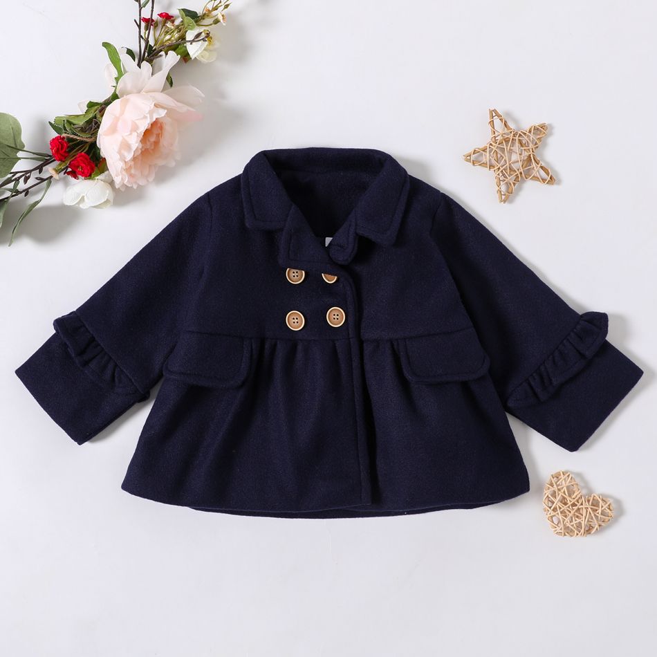 Baby Girl Solid Lapel Double Breasted Long-sleeve Coat Outwear Dark Blue big image 1