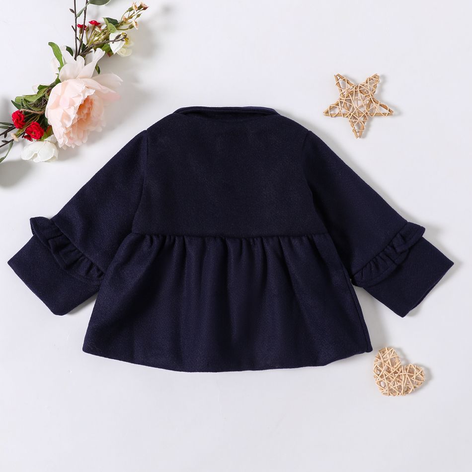 Baby Girl Solid Lapel Double Breasted Long-sleeve Coat Outwear Dark Blue big image 2
