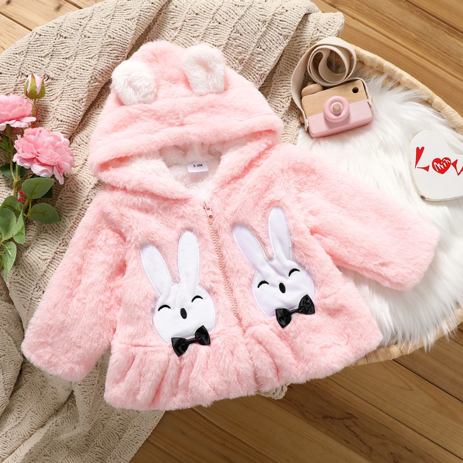 Baby Girl Cartoon Rabbit Pattern Pink Fuzzy Fleece 3D Ears Hooded Long-sleeve Zip Coat Pink