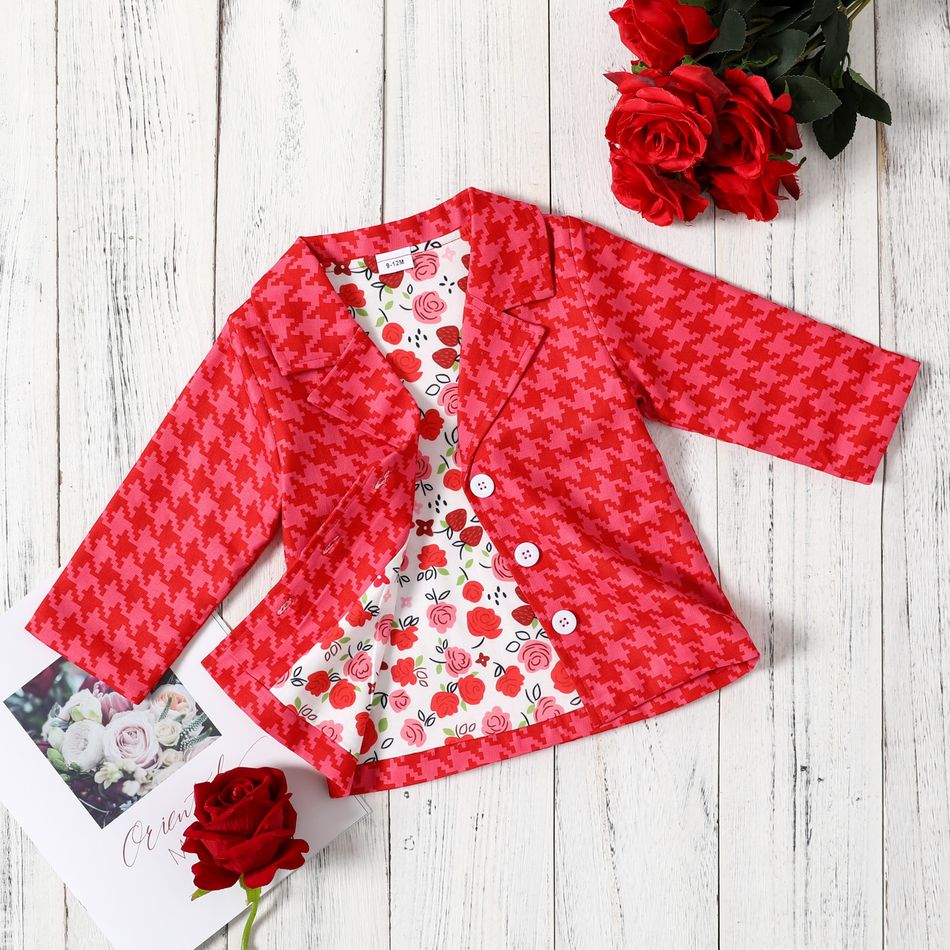 Baby Girl Red Houndstooth Lapel Long-sleeve Blazer Red