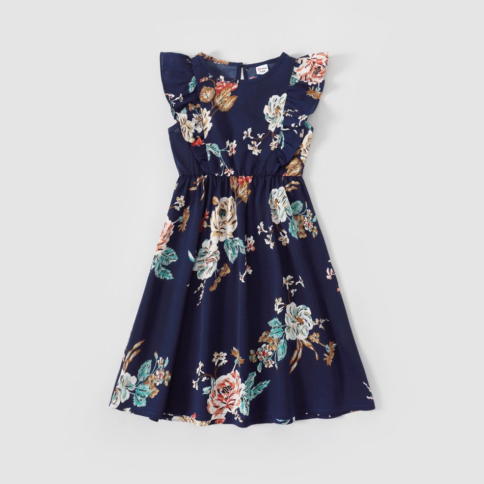 Family Matching All Over Floral Print Ruffle Deep V Neck Sleeveless Dresses and Raglan-sleeve T-shirts Sets Multi-color big image 5