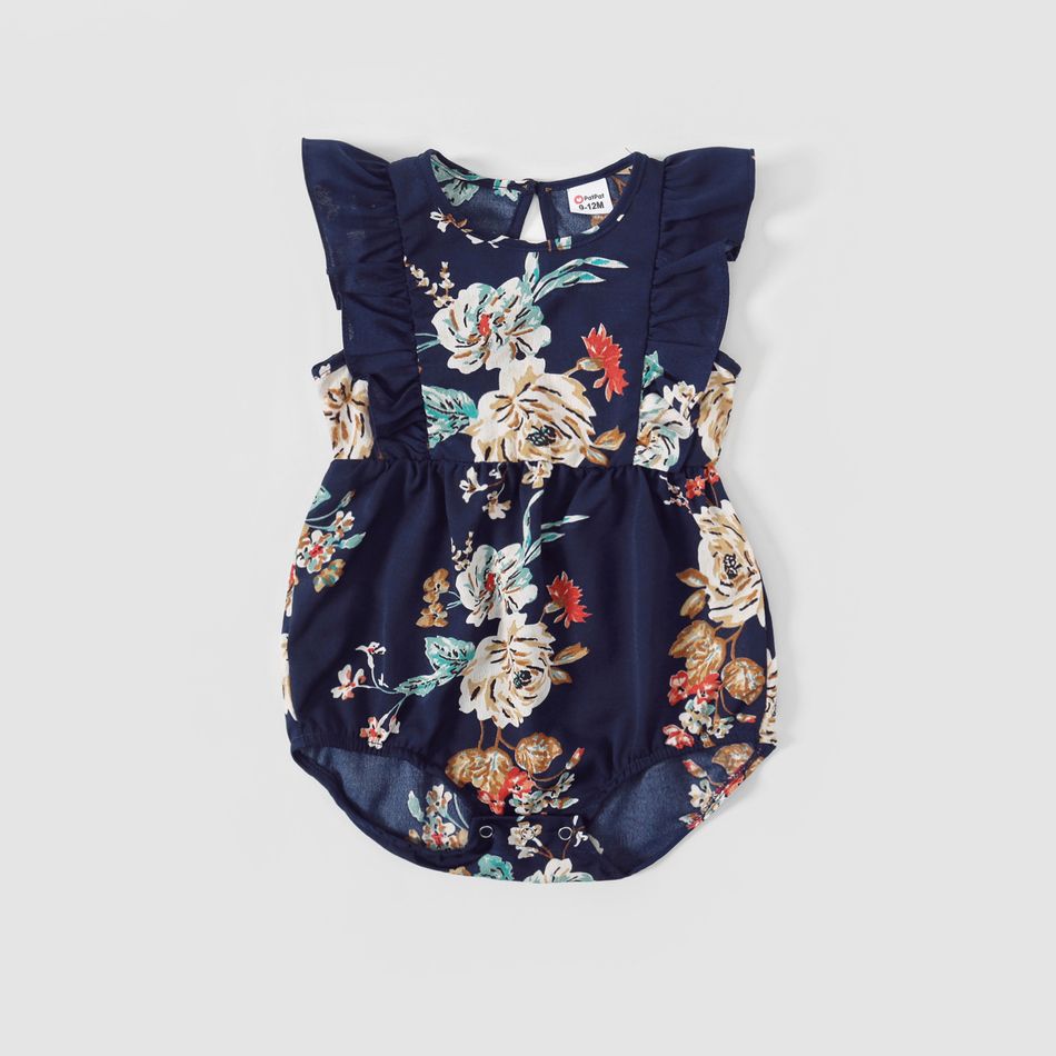 Family Matching All Over Floral Print Ruffle Deep V Neck Sleeveless Dresses and Raglan-sleeve T-shirts Sets Multi-color big image 6