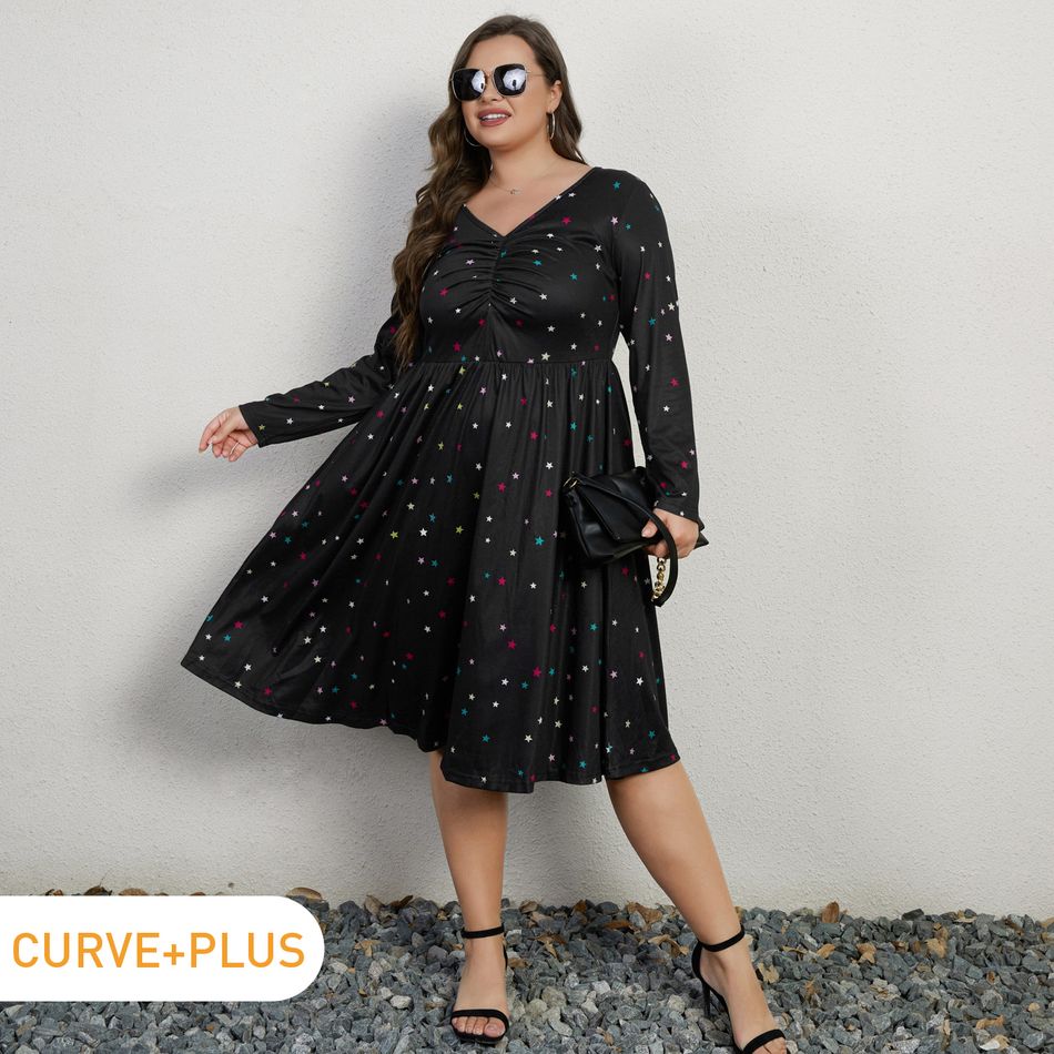 Women Plus Size Elegant Stars Print V Neck Long-sleeve Dress Black