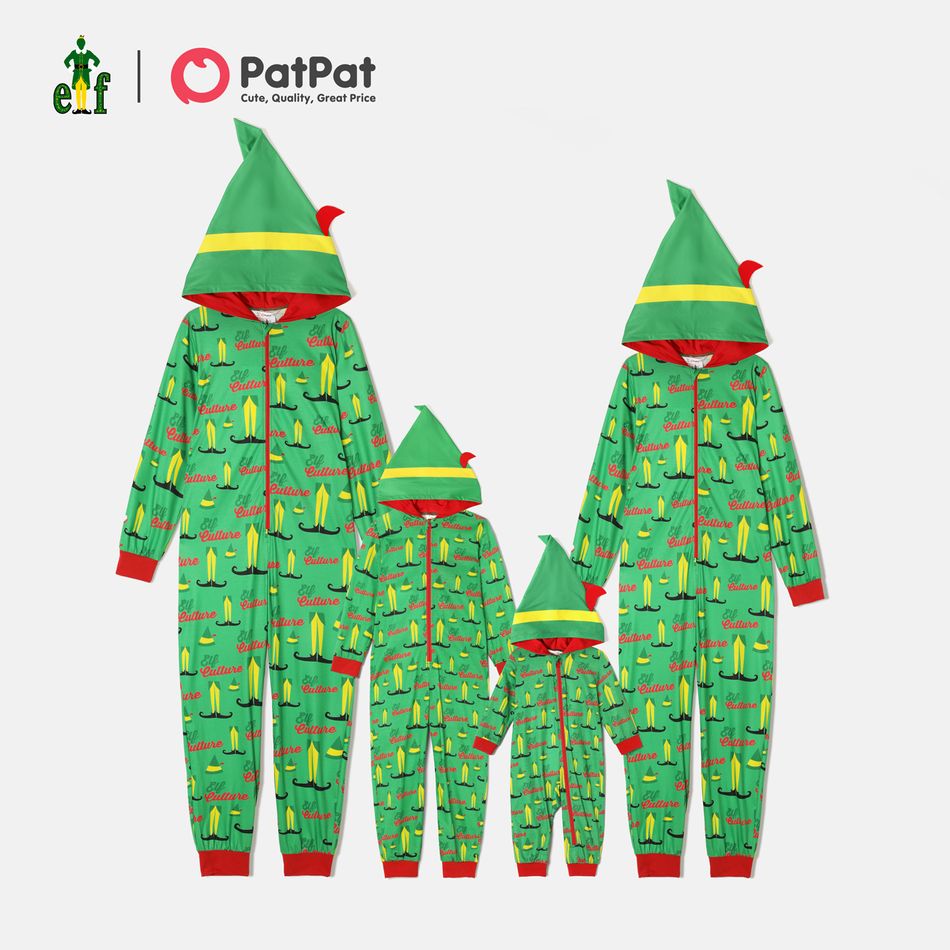 família de duendes combinando natal macacão de pijama com zíper com capuz Verde