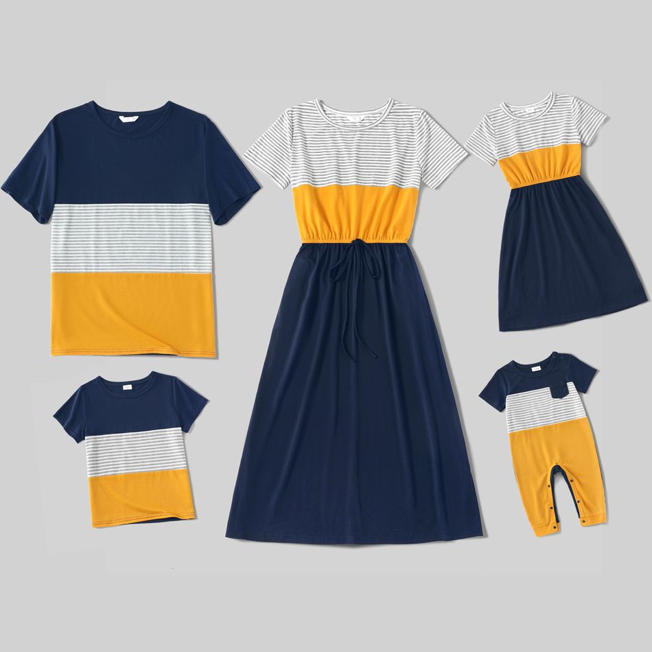 Family Matching Striped Colorblock Short-sleeve Midi Dresses and T-shirts Sets Multi-color