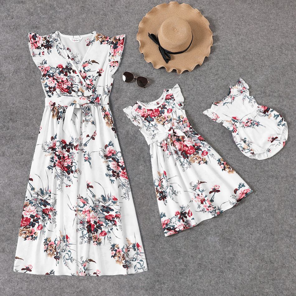All Over Floral Print White V Neck Ruffle Flutter-sleeve Belted Dress for Mom and Me White