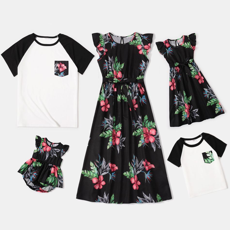 Familie passender Allover-Blumendruck, schwarze Rüschenkleider mit Flatterärmeln und kurze Raglanärmel-T-Shirts-Sets bunt