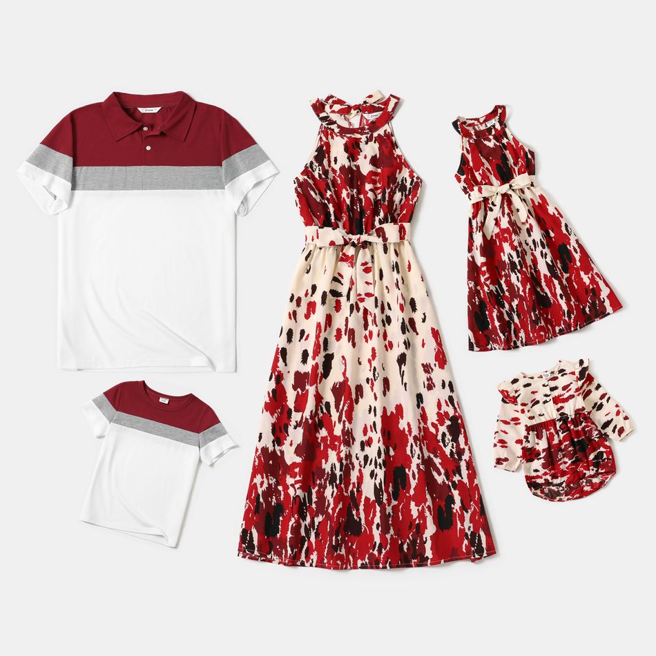 Family Matching All Over Red Mottled Print Halter Neck Sleeveless Dresses and Colorblock Short-sleeve Polo Shirts Sets Burgundy