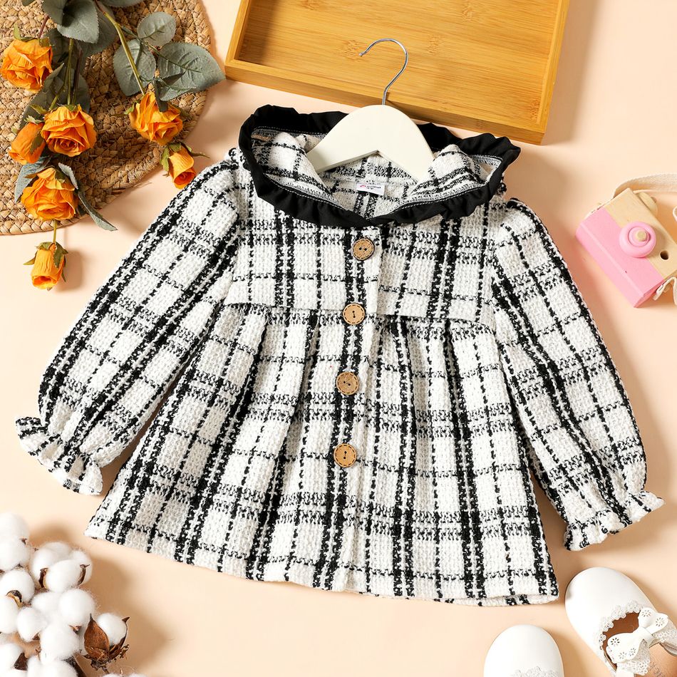 Toddler Girl Button Design Hooded Plaid Tweed Coat BlackandWhite